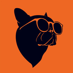 Vector square bright poster with stylized portrait of a French bulldog in sunglasses.