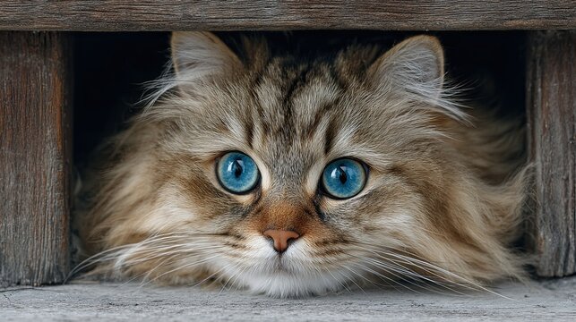 Fluffy long-haired cat with bright blue eyes peeking through wooden slats with curious expression