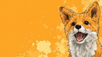 Obraz premium Happy cartoon fox with open mouth on bright orange background with paint splatter and copy space