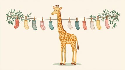 Fototapeta premium Cute giraffe standing under clothesline full of colorful socks hanging between leafy branches on beige