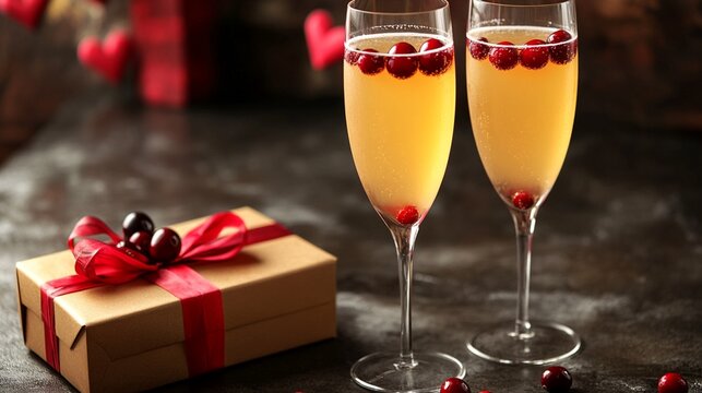 Two elegant champagne flutes filled with bubbly drink and adorned with cranberries sit beside a beautifully wrapped gift box, perfect for celebrations or special occasions.
