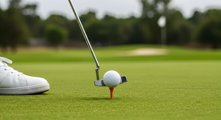 Golf Ball on Tee Ready to Putt on Green Grass of Golf Course, Close Up