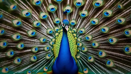 Obraz premium gorgerous peacock with huge widely unfolded tail, front view