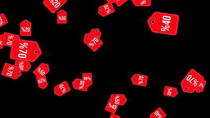 sale price tags falling isolated on transparent background alpha channel animation, black friday mega sale and special offer shopping social media motion design element - Powered by Adobe