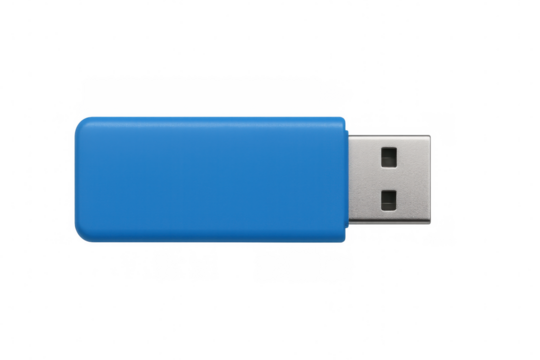Close-up of a blue usb flash drive, isolated on a transparent background, ready for data storage and transfer