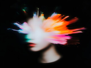  Portrait of a young woman with glowing red eyes and motion blur effect. Face of a young woman with digital glitch effect and bright colorful light stripes on her face.