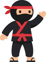 Ninja character in black outfit with red headband and belt waving hand vector illustration simple design 