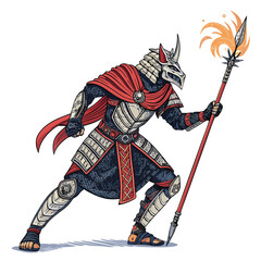 A fierce Egyptian warrior, clad in ornate bronze armor, wields a flaming staff,  standing defiantly against a desert backdrop.