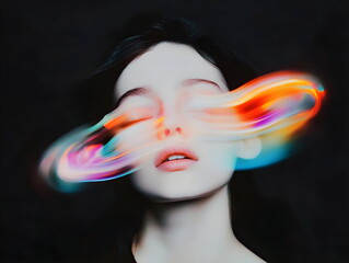 Young woman face with digital glitch effect. Portrait of fashionable woman with bright colorful light stripes on her face. Futuristic beauty concept with motion blur