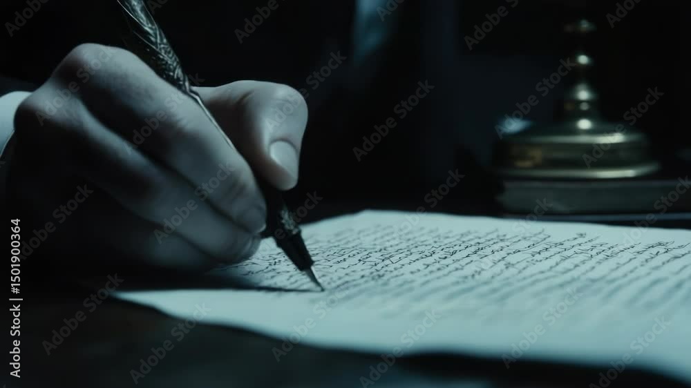 Poster a person is writing on a piece of paper with a pen, focusing on the task at hand