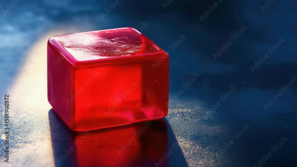 Poster A single red ice cube sits on a table, with a simple and clean background