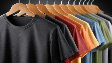 Obraz premium Plain t-shirts in black, red, orange, and blue are arranged neatly on wooden hangers, providing a stylish backdrop for branding or text