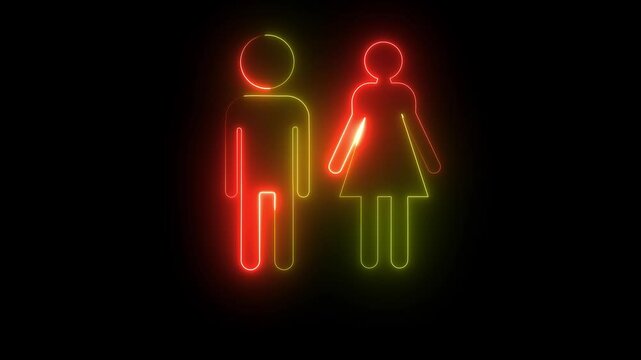 Man, woman simple icon. Toilet sign icon neon light glowing man. Neon glowing blue .red. etc ,toilet sign. 4k animation
