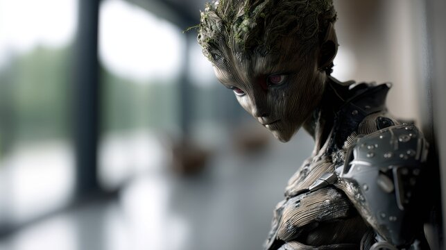 Celtic folklore character, female spriggan in a real world, blurry background of a university room