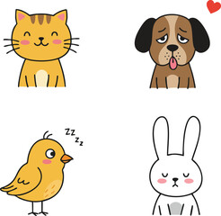 Fototapeta premium Cute cat dog bird and rabbit animal characters in vector illustration style with playful expressions and warm colors 