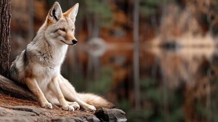 Obraz premium A red fox enjoys the warm morning sun by a calm lake, its reflection mirrored in the water against a misty forest
