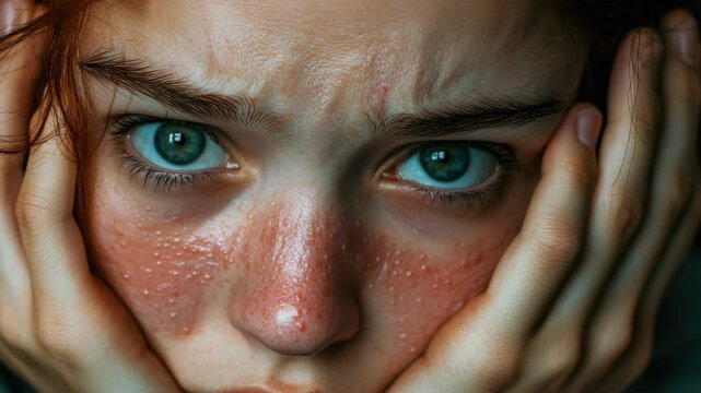 The  depicts a woman with visible skin conditions, possibly acne or blemishes. She appears to be experiencing emotional distress or self-reflection related to her appearance.