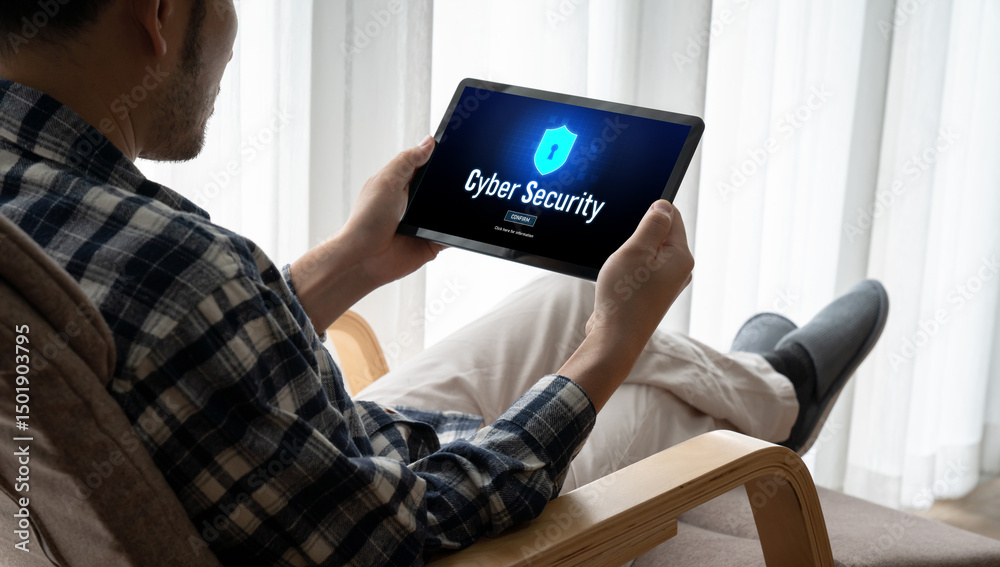 Poster cyber security system on computer screen protect private information snugly from hacker and cyber at