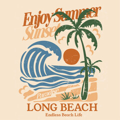 hand drawn beach prints. sunset beach prints and poster. Sunset beach paradise in long beach. endless beach life slogan. tropicalsummer  vintage retro vector graphics. summer t-shirt design.