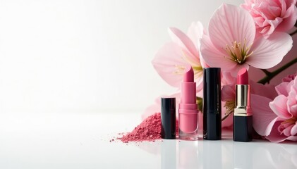 Elegant makeup products on pristine white background, minimal, eyeshadow