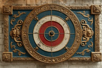 Obraz premium Intricate Vintage Dartboard with Ornate Frame and Colorful Target Design for Sports Decor and