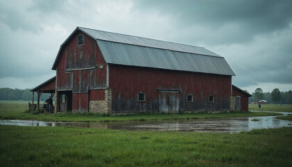 Obraz premium Rustic Red Barn Under Cloudy Skies Surrounded by Green Fields for Nature Blogs, Agricultural Websites, Rural Photography, Weather Awareness, and Landscape Articles 