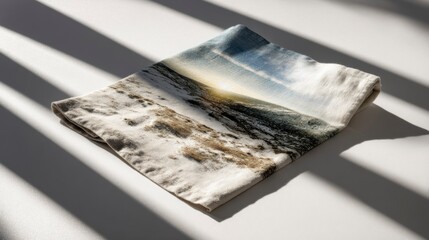 Folded fabric featuring a serene landscape with snowcovered ground and a bright sky ideal for