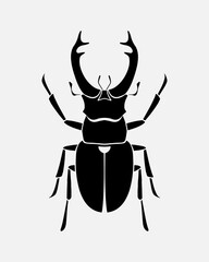 Stag beetle. Vector illustration in black. Silhouette. Isolate. Flat style. Tattoo. Drawing of an insect.