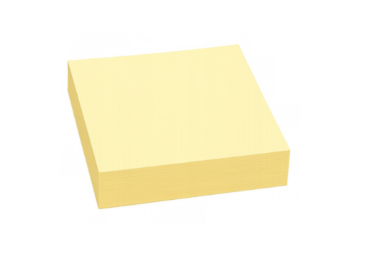 Yellow sticky notes stacked neatly, positioned on transparent surface, representing organizational workspace essentials