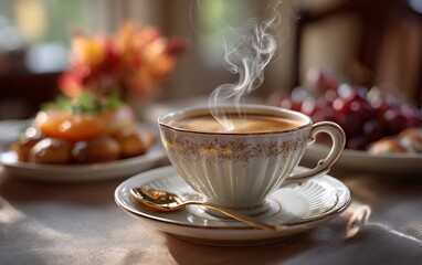 Fototapeta premium Steaming teacup amid gourmet breakfast spread