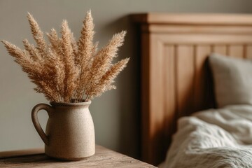 Dried grass arrangement in a cozy bedroom setting with natural accents