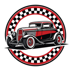 Design a vector logo for a classic hot rod coupe, featuring a checker flag pattern.  The style should be vintage and bold.
