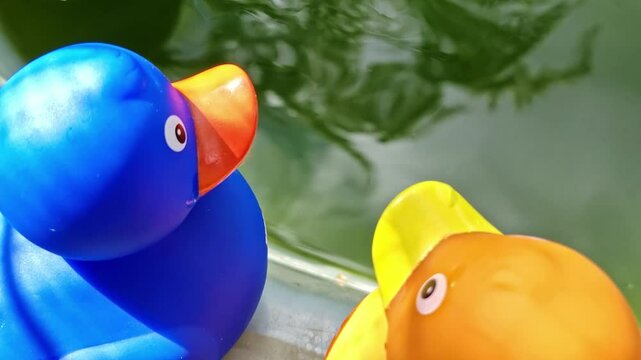 Zwei Gummienten am Gartenteich, Gummientenpaar &ndash; idyllische und romantische Teichszenerie f&uuml;r kreative Garten- und Naturprojekte, spielerische Deko, blaue Ente, gelbe Ente, Liebe, P&auml;rchen, Romantik