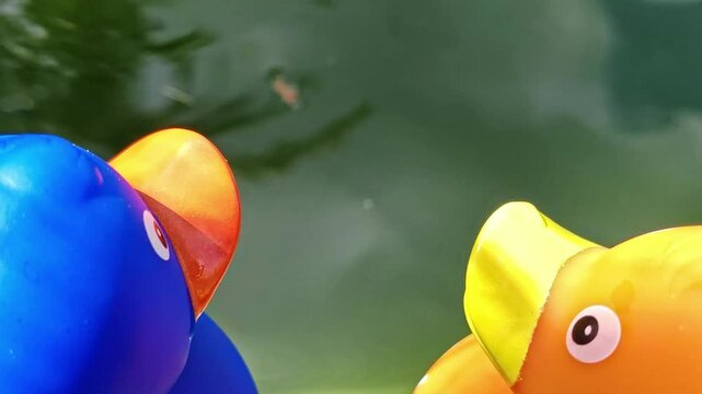 Zwei Gummienten am Gartenteich, Gummientenpaar &ndash; idyllische und romantische Teichszenerie f&uuml;r kreative Garten- und Naturprojekte, spielerische Deko, blaue Ente, gelbe Ente, Liebe, P&auml;rchen, Romantik