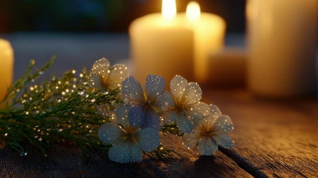Candlelight illuminates delicate flowers in a wreath, with sparkling embellishments, creating an elegant tableau on a wooden surface.