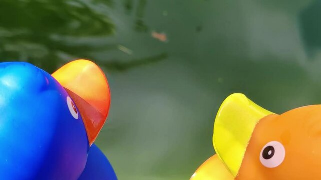 Zwei Gummienten am Gartenteich, Gummientenpaar &ndash; idyllische und romantische Teichszenerie f&uuml;r kreative Garten- und Naturprojekte, spielerische Deko, blaue Ente, gelbe Ente, Liebe, P&auml;rchen, Romantik