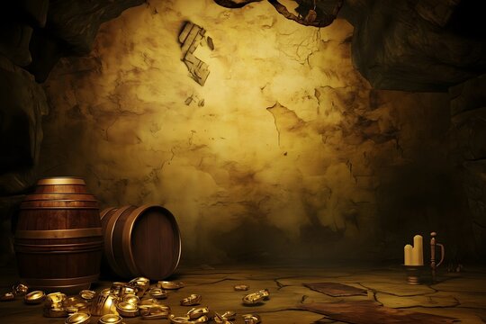 Ancient cellar or pirate cave background with wooden barrels, spilled gold coins, and a lit candle. A mysterious treasure hoard for a fantasy, adventure, or historical concept