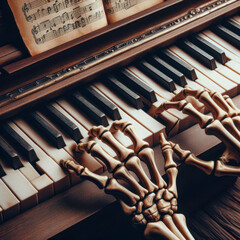 Skeleton hands playing an antique piano with sheet music in a dimly lit room at night