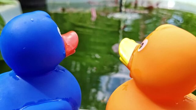 Zwei Gummienten am Gartenteich, Gummientenpaar &ndash; idyllische und romantische Teichszenerie f&uuml;r kreative Garten- und Naturprojekte, spielerische Deko, blaue Ente, gelbe Ente, Liebe, P&auml;rchen, Romantik