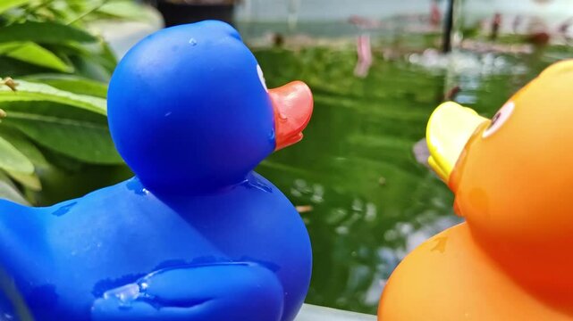 Zwei Gummienten am Gartenteich, Gummientenpaar &ndash; idyllische und romantische Teichszenerie f&uuml;r kreative Garten- und Naturprojekte, spielerische Deko, blaue Ente, gelbe Ente, Liebe, P&auml;rchen, Romantik