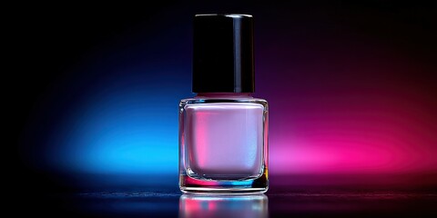 Colorful nail polish bottle illuminated by vibrant lights at night