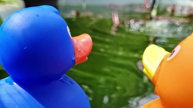 Zwei Gummienten am Gartenteich, Gummientenpaar &ndash; idyllische und romantische Teichszenerie f&uuml;r kreative Garten- und Naturprojekte, spielerische Deko, blaue Ente, gelbe Ente, Liebe, P&auml;rchen, Romantik