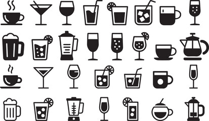 Drinks Icon Set – Vector Illustration of Beverage Symbols Including Coffee, Juice, Soda, and Cocktails