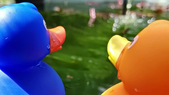 Zwei Gummienten am Gartenteich, Gummientenpaar &ndash; idyllische und romantische Teichszenerie f&uuml;r kreative Garten- und Naturprojekte, spielerische Deko, blaue Ente, gelbe Ente, Liebe, P&auml;rchen, Romantik
