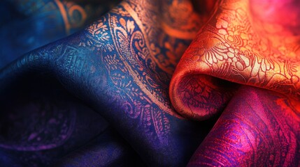 Elegant Fabric Texture with Intricate Golden Patterns and Colors