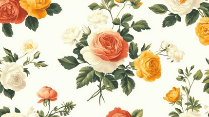 Elegant Floral Pattern with Roses and Green Leaves on Cream Background