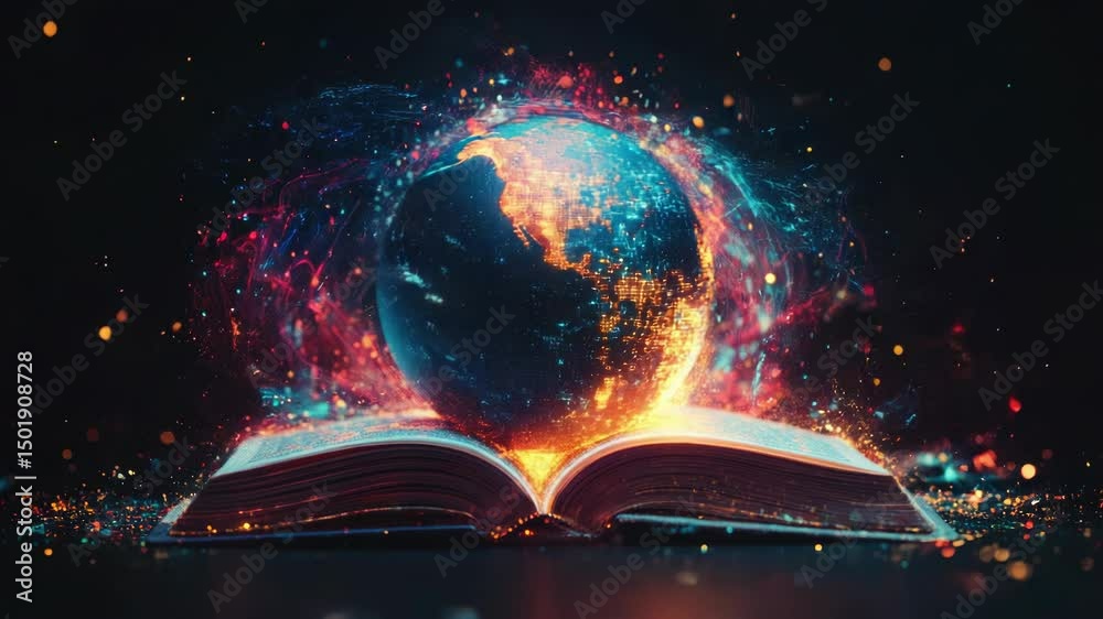 Poster a book with an image of a planet at its center, ideal for science or educational themes