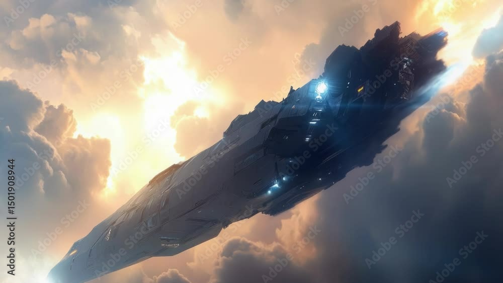 Poster a spaceship flies through a cloudy sky with white puffy clouds