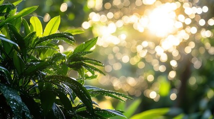 Fototapeta premium Bright Morning Light Shining Through Dewy Green Leaves in Nature
