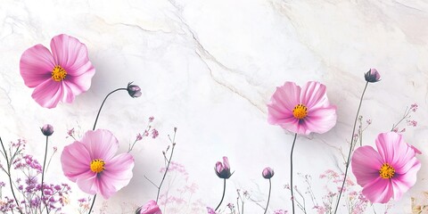 Fototapeta premium Pink cosmos flowers on marble background with delicate floral arrangement